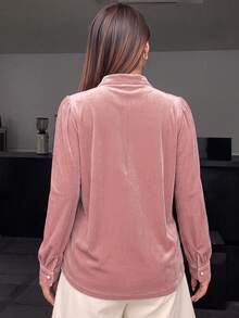Elegant Ruffle Velvet Blouse Plus Size Women's Autumn Pleated Lantern Sleeve Top - Pink - View 2