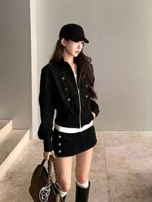 Women's Short Jacket Spring/Autumn 2026 New Black Korean Style Very Pretty Square Shoulder Versatile Napoleon Top - Black - View 5
