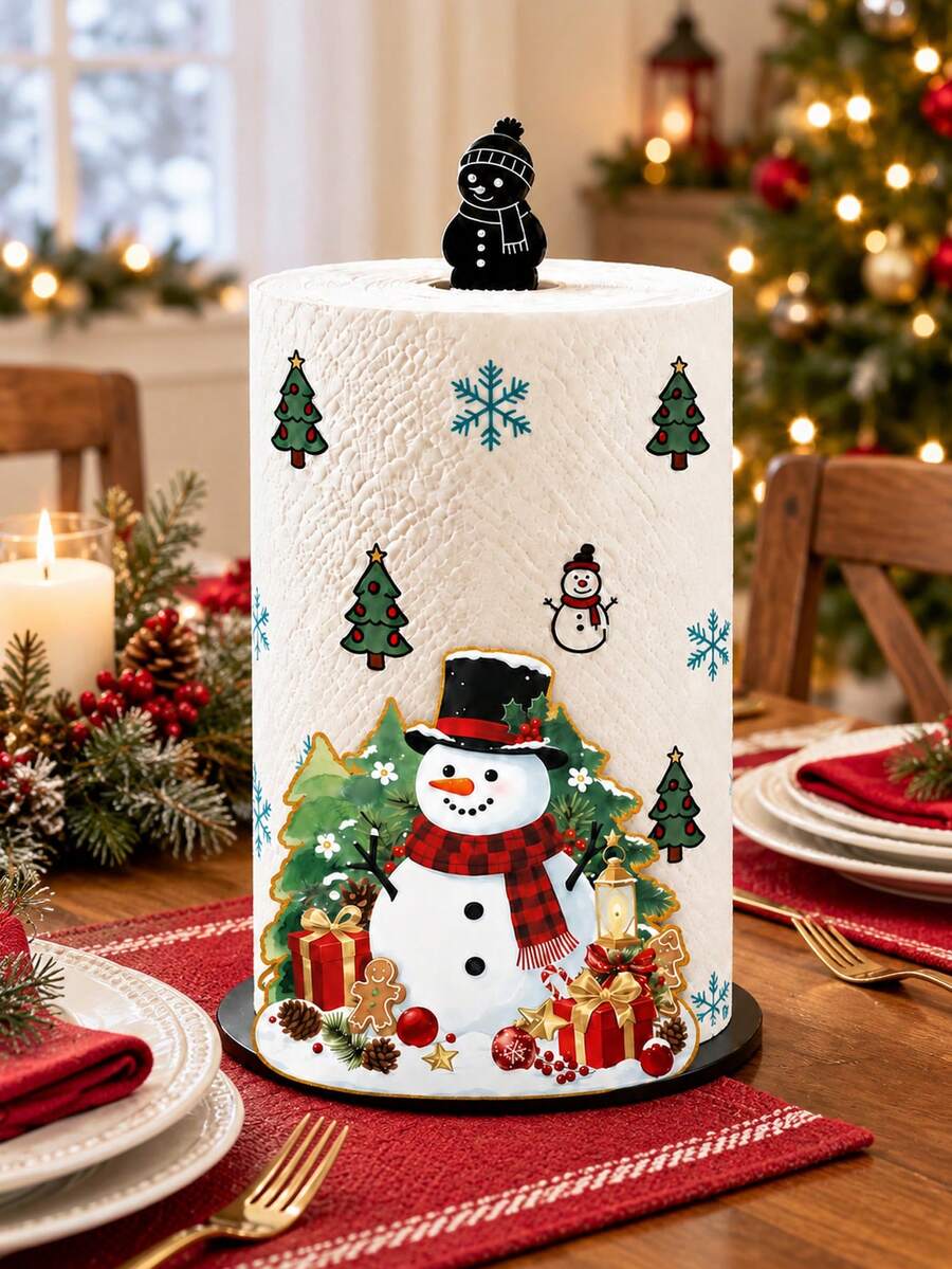 New Christmas Snowman Paper Towel Holder, 2D Flat Christmas Snowman Print Paper Towel Holder, Acrylic Material Vertical Roll Paper Storage Rack, Kitchen Dining Table Decor Ornament, Easy Installation, Suitable For Christmas Party Home Room Decoration (Paper Towels Not Included) - Multicolor - View 1