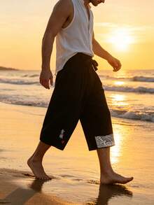 Men's Wide Leg Thin Loose Casual Pants With Drawstring, Printed Patchwork Wave Pattern, Cropped Length - Black - View 6
