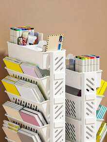 1pc Movable Classroom Desk Side Bookshelf, Multi-Purpose Wall Mounted Book Storage Rack, Hanging Desk Side Trolley Cart With Wheels, Space Saving Organizer For Student Home Office Dorm Bedroom, Portable Utility Cart, Sturdy Easy Assembly - White - View 4