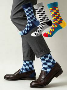 1/3/6 Pairs Men's Retro Geometric Argyle Mid-Calf Socks, Soft Breathable Classic Color Block Design Dress Socks, Suitable For Daily Casual Wear And Office - Multicolor - View 8