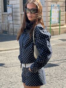 Nueva chaqueta holgada de estilo blogger para mujer con estampado de lunares, cordón ajustable y hombros caídos, otoño - Azul Marino - Ver 3