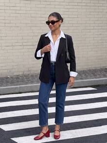Women's Loose Fit Black Double-Breasted Blazer Jacket, Wrinkle-Resistant Casual Suit Jacket - Black - View 4