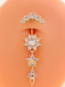 1pc Gold Rhinestone Flower Star Water Drop Tassel Pendant Belly Button Piercing Jewelry, Fashion Long Dangle Style For Women - Silver - View 1