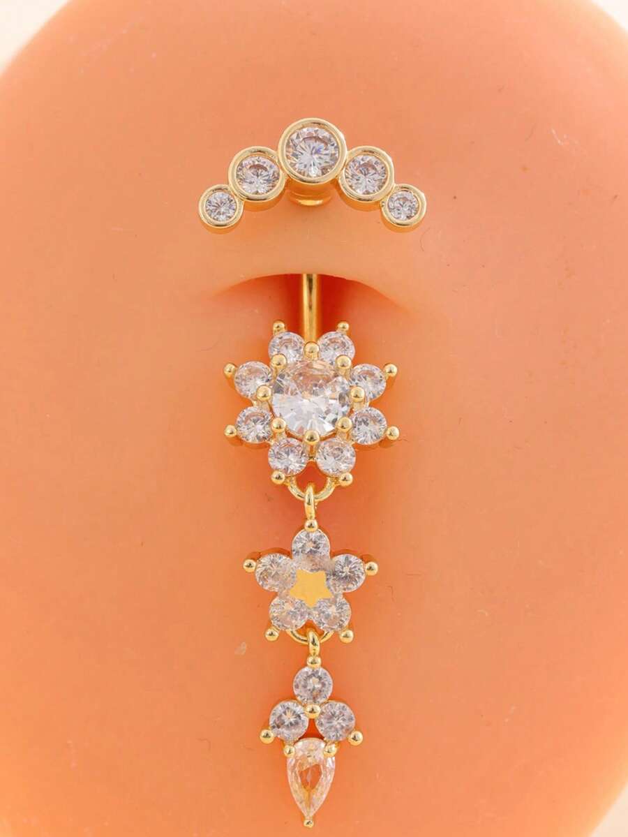 1pc Gold Rhinestone Flower Star Water Drop Tassel Pendant Belly Button Piercing Jewelry, Fashion Long Dangle Style For Women - Silver - View 1
