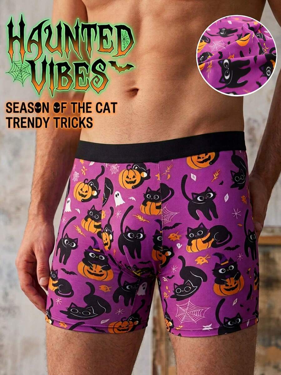 1pc Purple Men's Boxer Briefs, Black Spooky Cat All-Over Print, Soft Elastic Breathable Fabric, Humorous Holiday Gift, Suitable For Husband Daily Home Wear - Multicolor - View 1