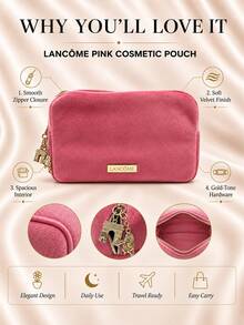 Lancôme Pink Velvet Makeup Bag, 20cm*16cm, Single Piece, Soft Large Capacity, Cosmetic Storage, Daily Use And Travel - Pink - View 5