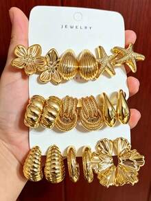 6/18pcs Fashion Stud Earrings Set Exaggerated Oversized C-Shaped Elegant Long Earrings Multi-Style Series Earring Set Suitable For Daily And Holiday Wear Women's Earring Set, - Gold - View 8