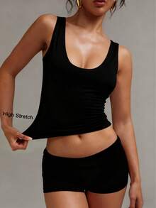 XLLAIS Débardeur noir sans manches pour femmes, couleur unie, décontracté et polyvalent, double couche, tissu de yoga haute élasticité, col U sexy, été, rentrée scolaire - Noir - Voir 8