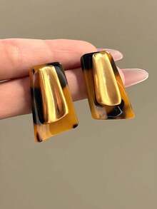 1 Pair Vintage Resin Trapezoid Earrings For Women, Retro Luxury Accessory For Banquet, Travel, Daily Outfits, Jewelry Gift - Brown - View 1