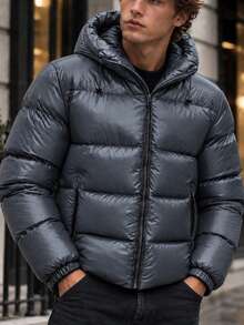 Men's Casual Puffer Jacket With Hood Premium Quality | Warm Padded Winter Outerwear - Grey - View 3