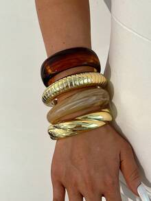 4pcs/Set Stackable Fashion Minimalist Elegant Exquisite Vintage Design Brown Resin Asymmetrical Marbled Pattern Geometric Ribbon Textured CCB Metal Style Chunky Oversized Bangles Set, Holiday Vacation Party Date Gift, Daily Commute Wear, Personalized - Multicolor - View 2