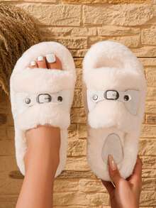Women's Autumn/Winter Plush Slip-On Slippers With Metal Buckle Decor, Thick Sole Warm Fuzzy House Shoes - White - View 5