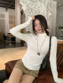 270g Autumn/Winter German Velvet Semi-High Neck Long Sleeve Base Layer, Warm Inner Wear, Slimming Solid Color Long Sleeve Top, White Versatile - White - View 2