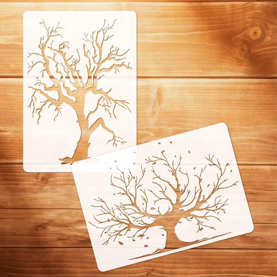 2pcs Tree Painting Stencils, Washable And Reusable Classical Gothic Tree Templates, Suitable For Wall Decoration, Home Decor, Canvas, Art Textiles, Painting, Floor Tiles, Handmade Notebooks, Scrapbooking - A - View 1