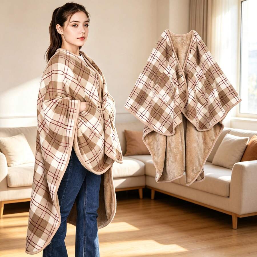 Thickened Flannel Plaid Scarf Blanket With Snap Button Design, Unisex Comfortable Shawl Blanket, Suitable For Home And Office, Easy To Wear, Multi-Functional Cape Style, Perfect For Casual Relaxation - Multicolor - View 1