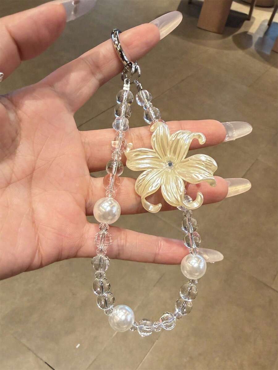 美學奢華百合花珍珠手機掛繩，極簡透明珠飾掛繩手鍊，通用女性配件禮物