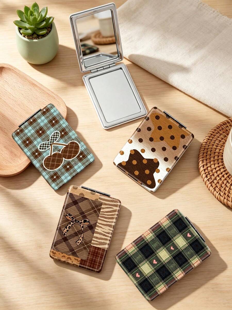 1PC Millennium Y2K Series Portable Vanity Mirror, Foldable Lightweight Ultra-Thin Convenient Hand Mirror, PU Leather, Suitable For Multiple Scenarios And All People, Square Mirror, Pocket Mirror, Cartoon Star Cherry Heart Bow Plaid Pattern Design, Exquisite And Delicate, Easy To Carry, Handheld Makeup Mirror, 180° Flip Cover, Multi-Functional Mini Mirror, Compact Mirror, Mirrors, Daily, Holiday, Birthday, Valentine's Day, Mother's Day - Multicolor - View 1