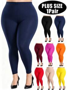 Plus Size High Waist Capri Tights, Solid High Stretch No Foot 9/10 Length Shaping Hosiery, Multi Colors - Multicolor - View 1