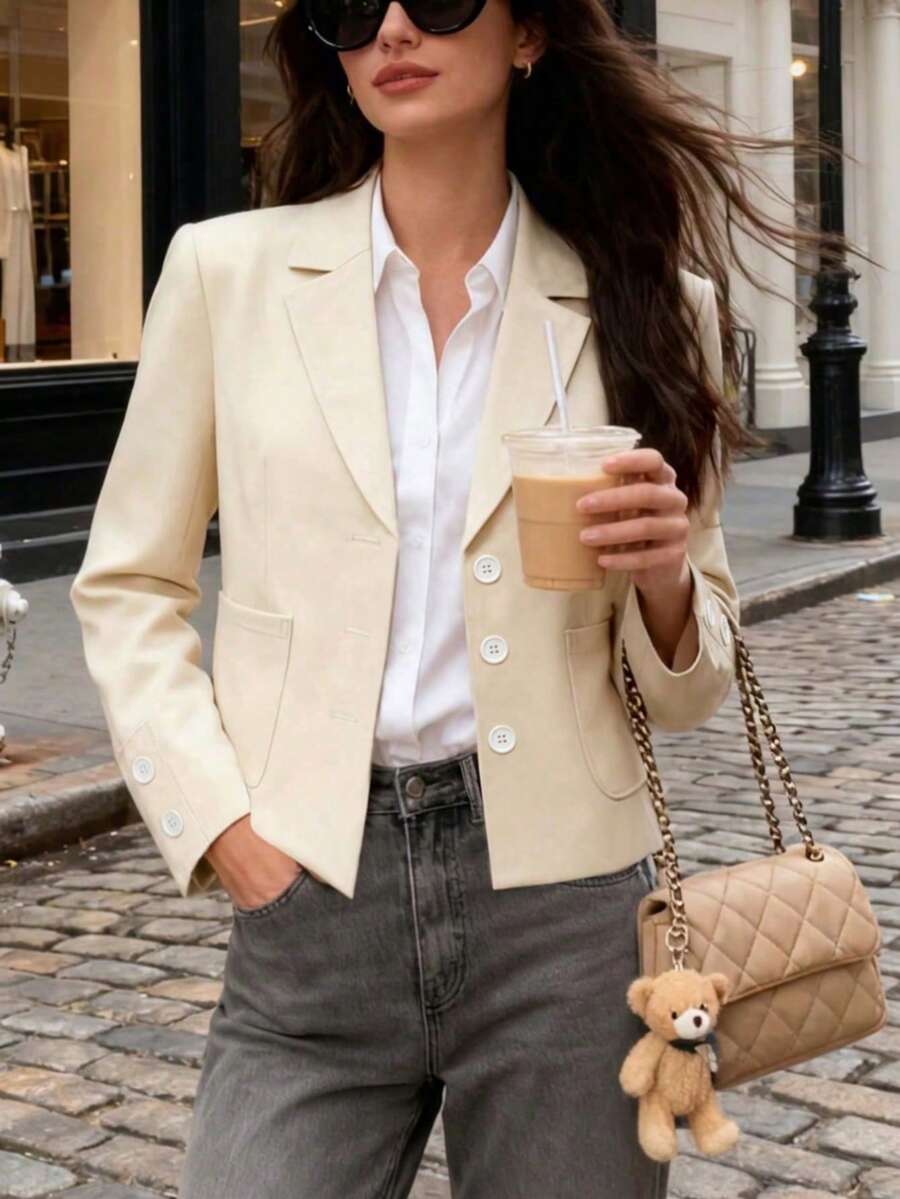 Women's Elegant Apricot Short Blazer, Decorated With Gold Buttons, Long Sleeve Polyester Jacket, Suitable For Spring And Autumn Wear. - Apricot - View 1