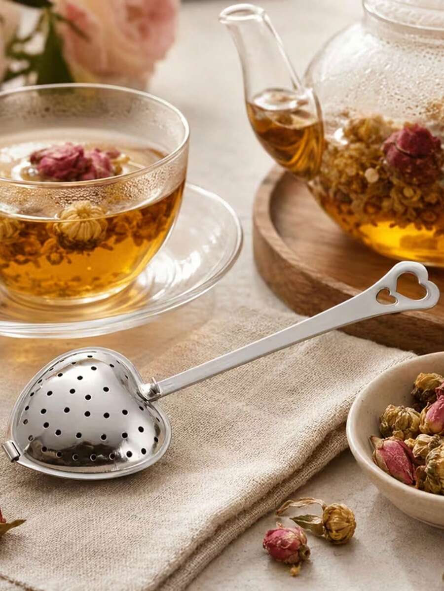 Silver Tea Strainer Loose Leaf Tea Filter Heart-Shaped Tea Set Long Handle Spoon Kitchen Mug With Handle Strainer Tea Infuser Filter Mesh Home Kitchen Spoon - Multicolor - View 1