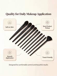 12pcs Beginner Makeup Artist Universal Makeup Brush Set, Includes 10 Face Makeup Brushes + 2 Black Powder Puffs, Foundation, Blush, Contour, Eyeshadow, Loose Powder Full Makeup Tool Kit - Black - View 6