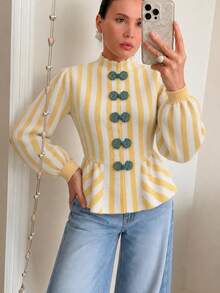 Cardigan Lengan Panjang Bergaris Kasual untuk Musim Gugur/Dingin, Desain Blok Warna, Penutup Kancing, Hem Berlipit, Elegan untuk Wanita - MultiWarna - View 5