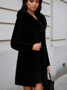 Women's Mid-Length Fashion Jacket Coat, Solid Color Faux Fur, Zipper Closure, Casual Vacation Daily Winter - Black - View 5