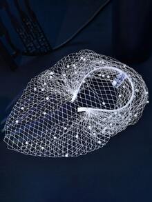 Vintage Mesh Pearl Beaded Headband Veil, Evening Party Face Cover Headpiece - Multicolor - View 14