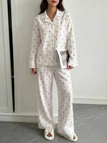 DAZY 2pcs Women Loose Comfortable Breathable Long Sleeve Top + Long Pants Pajama Set, Cute Loungewear - White - View 6