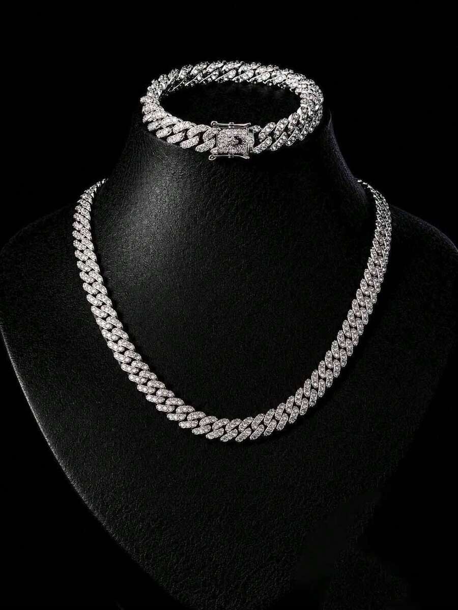 9mm Shiny Chunky Chain Design Rhinestone Studded Hip Hop Bracelet + Necklace Set, Suitable For Daily Wear And Party Decoration - Hip Hop Necklace Set - View 1