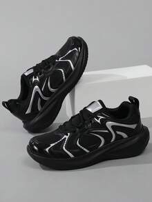 Zapatillas de running de suela gruesa para hombre, zapatillas deportivas con cordones y suela gruesa, zapatos deportivos casuales transpirables para caminar al aire libre - Negro - Ver 3
