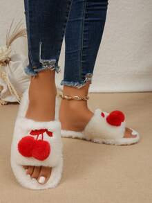 1 Pair Cherry Pom Pom Decor Plush Slippers Women Autumn/Winter Cute Open Toe Fuzzy Cotton House Slippers - White - View 3