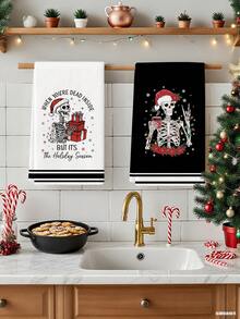 2 Pcs Christmas Skeleton Snowflake Letter Slogan Kitchen Towels Gothic Holiday Dish Towels Can Be Used In Kitchen Drying Hand Towels Tea Towels Suitable For Farmhouse Kitchen Home Indoor Dish Drying - Black and White - View 3
