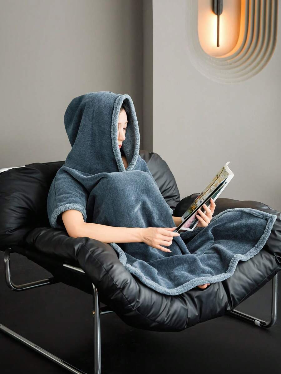 1pc Solid Color Hooded Wearable Blanket, Double-Sided Fleece Versatile Cape Blanket, Home Throw Blanket For Napping