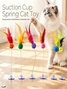 Suction Cup Spring Plush Ball Cat Toy, Interactive Feather Cat Teaser Wand, Colorful Feather + Plush Ball Interactive Cat Teaser Toy Suitable For Indoor Cats, Kitten Play And Exercise Toy, Cute Single-Player Game Toy For Bored Kittens And Adult Cats, Random Color - Multicolor - View 1