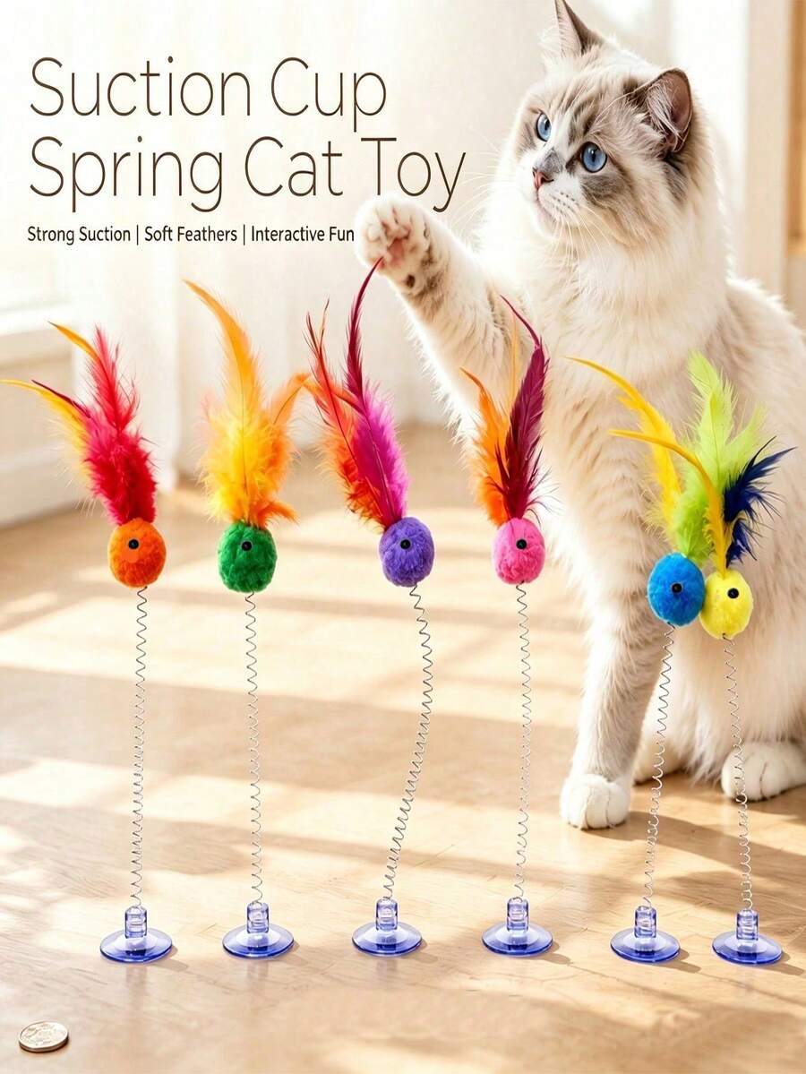 Suction Cup Spring Plush Ball Cat Toy, Interactive Feather Cat Teaser Wand, Colorful Feather + Plush Ball Interactive Cat Teaser Toy Suitable For Indoor Cats, Kitten Play And Exercise Toy, Cute Single-Player Game Toy For Bored Kittens And Adult Cats, Random Color - Multicolor - View 1