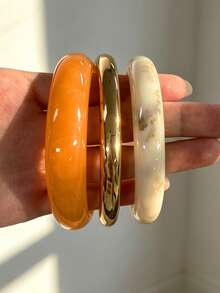 3pcs/Multi-Piece Stackable Fashion Minimalist Elegant Exquisite Vintage Design White & Orange Resin Geometric Asymmetrical Marbled Pattern CCB Metal Style Round Bangles Set, Holiday Vacation Party Date Gift, Daily Commute Wear, Personalized - Multicolor - View 3