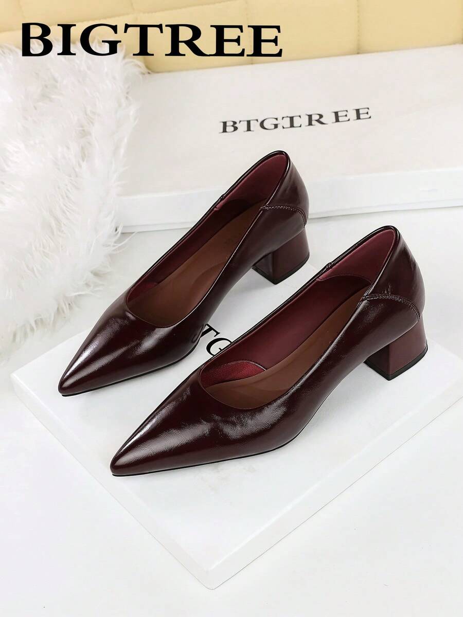 BIGTREE European And American Minimalist Pointed Toe Chunky Heel Pumps, Versatile Low Vamp Slip-On Comfortable Commute Mid-Heel High Heels For Women