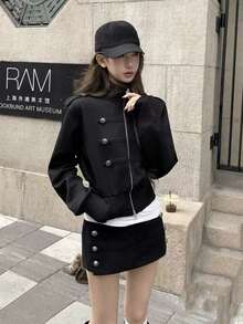 Women's Short Jacket Spring/Autumn 2026 New Black Korean Style Very Pretty Square Shoulder Versatile Napoleon Top - Black - View 7