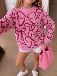 Girls' Elegant Bow Pattern Faux Mink Fur Knit Pullover Sweater, Suitable For Casual Daily Wear In Spring, Autumn, And Winter - Pink - View 2