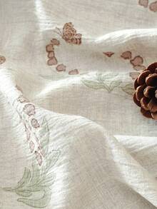 1pc Faux Linen Tablecloth With Scalloped Lace Trim, Polyester Fabric, Botanical Pattern, Rectangular/Square Tablecloth For Dining Room And Living Room Table Decor - Beige - View 2
