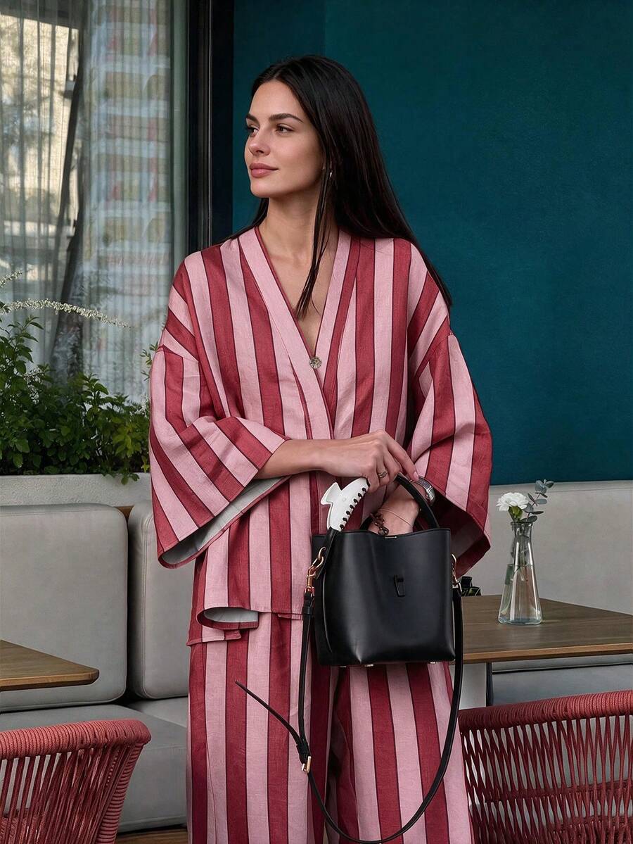 Standard Size Women's Autumn/Winter Similar Color Striped Fabric Cardigan With Dropped Shoulders Loose Fit Top Casual Commute Set