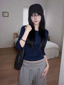 Fashion Wanita Gaya Korea, Kaos Henley Lengan Panjang Kancing Kasual - Navy Blue - View 4
