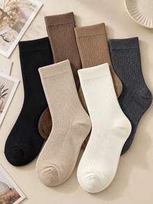 1/6 Pairs Women's Random Vertical Striped Brown Coffee Solid Color Fashion Mid-Calf Socks, Soft Comfortable All-Season Versatile Casual Sports Suitable For Daily Wear And Outdoor Use - Multicolor - View 3