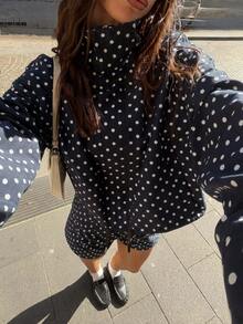 Nueva chaqueta holgada de estilo blogger para mujer con estampado de lunares, cordón ajustable y hombros caídos, otoño - Azul Marino - Ver 5