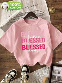 女款休閒漸層粉色 Blessed 字母印花圓領短袖 T-shirt 上衣，適合春夏秋季 - 粉色 - 查看 1