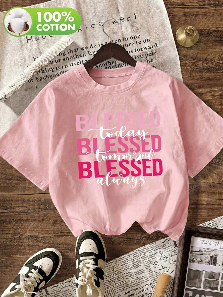 女款休閒漸層粉色 Blessed 字母印花圓領短袖 T-shirt 上衣,適合春夏秋季 - 粉色 - 查看 1