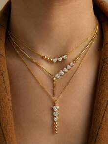 1Pc Gold Tone Layered Heart Zirconia Pendant Necklace, Dainty Chain Y-Shape Necklace, Minimalist Stackable Neck Jewelry For Women Daily Party Gift - Gold - View 8